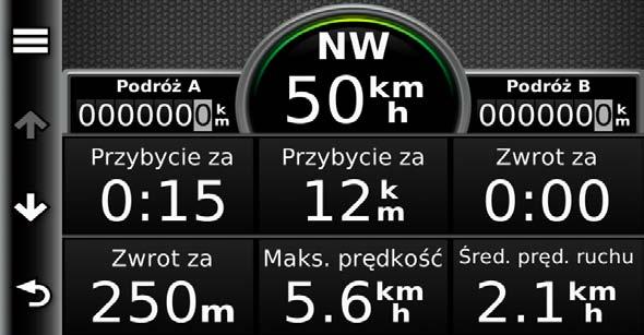 Wyświetlanie następnego zwrotu Podczas gdy użytkownik podróżuje wyznaczoną trasą, w lewym górnym rogu mapy wyświetlany jest podgląd następnego zwrotu, zmiany pasów lub innego manewru.