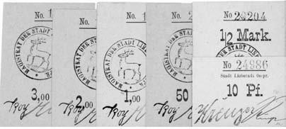 1192 1196 *1192. Mi akowo (Liebstadt)- 50 fenigów, 1, 2, 3 marki, 10 fenigów i 1/2 marki (1914); druk na kartonie, Schoenawa 9-14, razem 6 sztuk I 150,- 1193.