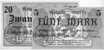 Slawno (Schlawe)- 50 fenigów 21.08.1918 i 50 fenigów 1.07.1920 wydane przez Magistrat, Schoenawa 4, 5, razem 2 sztuki I 30,- 120