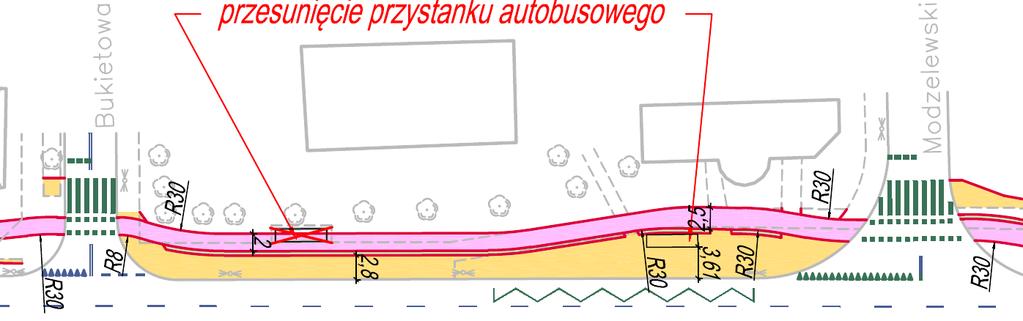 Na odcinku Bukietowa Modzelewskiego zaproponowano przesunięcie przystanku autobusowego w kierunku wschodnim, tak aby możliwe było zlokalizowanie wiaty w sposób niepowodujący kolizji rowerzystów z