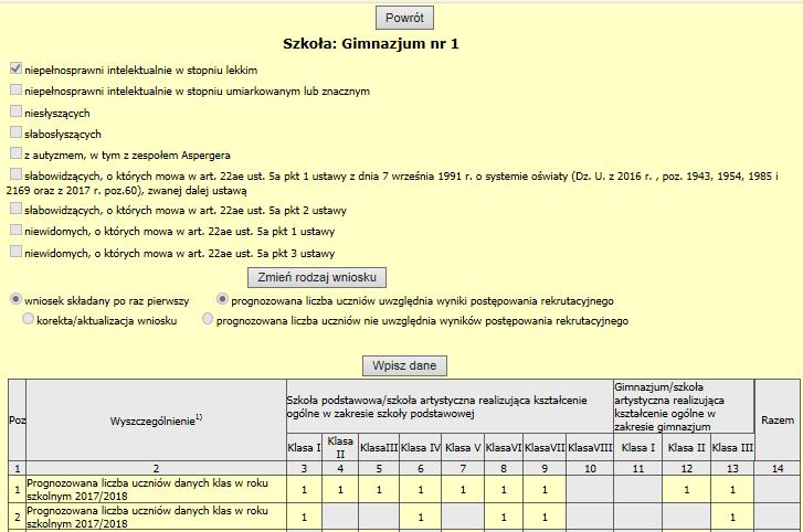 W celu wprowadzenia danych w zakresie kolejnej niepełnosprawności, należy kliknąć przycisk Powrót i postępować zgodnie z zasadami określonymi powyżej w pkt 6 ppkt 1) instrukcji.