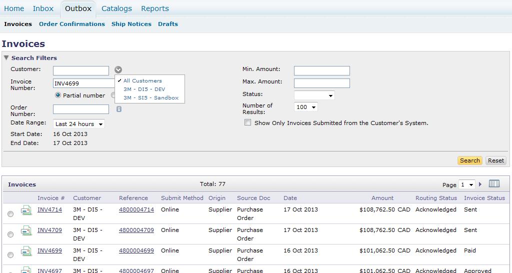 Wyszukiwanie faktury (wyszukiwanie lub raporty) Szybkie wyszukiwanie: Na karcie Faktura (Invoice) w Skrzynce nadawczej (Outbox): Wybierz nazwę Klienta (Customer) z listy rozwijanej.