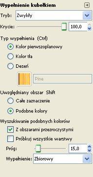 Narzędzie wypełnia zaznaczony obszar kolorem pierwszoplanowym, kolorem tła, lub