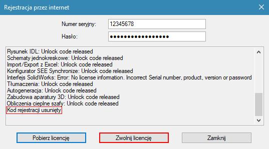 Zwolnienie licencji (dotyczy licencji Floating Allowed to release) umożliwia korzystanie z programu na innym komputerze przy pomocy tego samego numeru oraz hasła licencji.