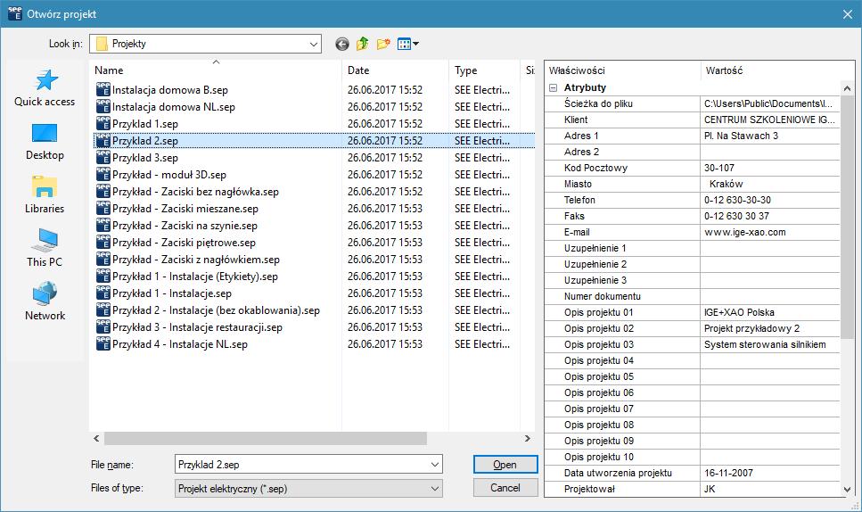 Lewa część okna zawiera listę projektów znajdujących się w folderze C:\Users\Public\Documents\IGE+XAO\SEE Electrical\V8R2\Projekty.