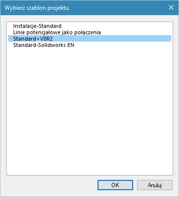 6.> <Szablon>. 7.> Kliknij OK. Wybierz szablon projektu Standard+V8R2. Szablon projektu zawiera różne definicje dotyczące sposób utworzenia i przetwarzania projektu np.