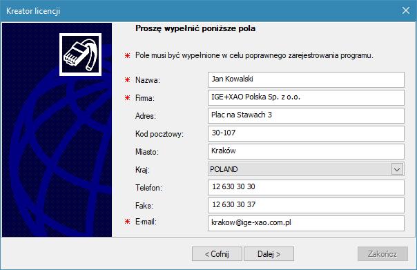 W przypadku posiadania klucza sprzętowego USB konieczne jest wybranie opcji Aplikacja chroniona przez klucz zabezpieczający i oraz zakończenie procesu rejestracji przyciskiem Zakończ.