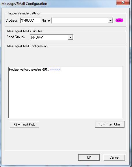 3. Po kliknięciu OK w polu Message/Email Configuration powinniśmy ujrzeć XXXXX 4.