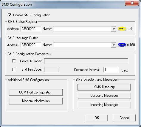 4. W oknie dialogowym zaznacz opcję Enable SMS Configuration i dokonaj konfiguracji komunikacji Address SMS Status Register adres referencyjny 4 kolejnych rejestrów, w których przechowywany będzie