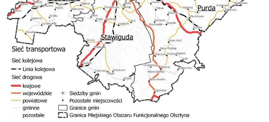 Układ sieci transportowej w Miejskim Obszarze Funkcjonalnym Olsztyna Źródło: Opracowanie na podstawie danych CODGiK Ciągami o najwyższej klasie zarządzania są