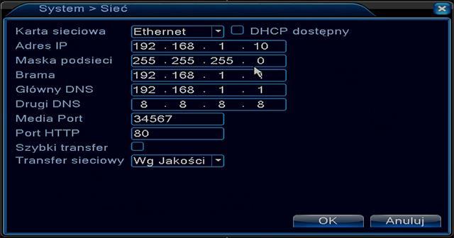 Adres IP: 192.168.1.10 (trzy pierwsze człony ustawiamy identyczne jak w bramie domyślnej, natomiast człon czwarty będzie dowolną liczbą z zakresu 1 do 254 ( z wyłączeniem zajętych adresów przez np.