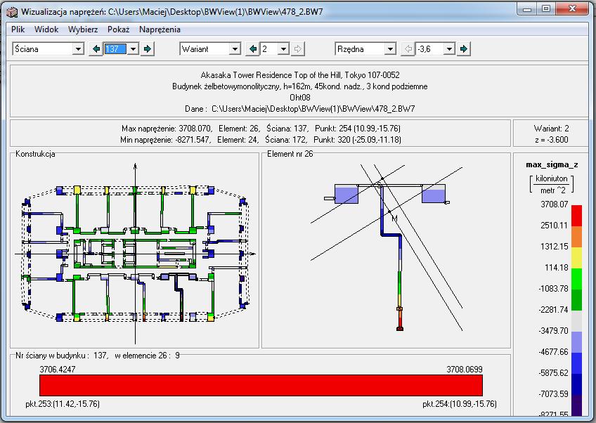 w elemencie 26, ścianie nr 137 w punkcie 254. Wynoszą one 0,397 MPa (Rys.