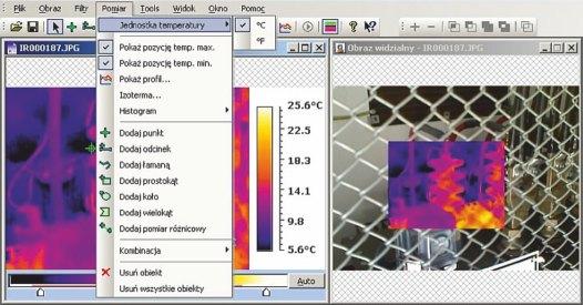 widzialnego zostaje nałożony termogram, w dowolnej palecie wybranej przez użytkownika Termogram jest nakładany z wybraną przezroczystością, co pozwala w optymalny