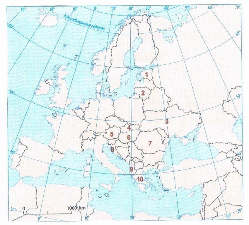 Zadanie 6 Na mapie numerami od 1 do 10 oznaczono wybrane państwa europejskie.