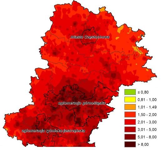 Rys. 19 Obszary przekroczeń średnich stężeń rocznych benzo(a)piranu w 2015 roku [ng/m3]. Źródło: Czternasta roczna ocena jakości powietrza w województwie śląskim, obejmująca 2015 rok, s. 48.