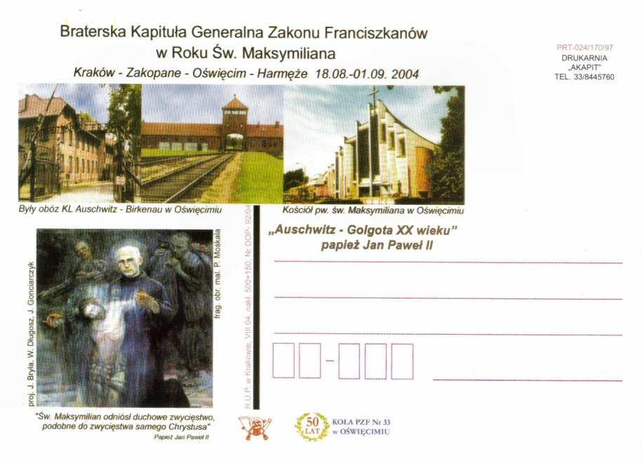 50 LAT KOŁA PZF Nr 33 w OŚWIĘCIMIU. DRUKARNIA AKAPIT TEL. 33/8445760/. proj. J. Bryła, W. Długosz, J. Gonciarczyk. frag. obr. mal. P. Moskala. a.