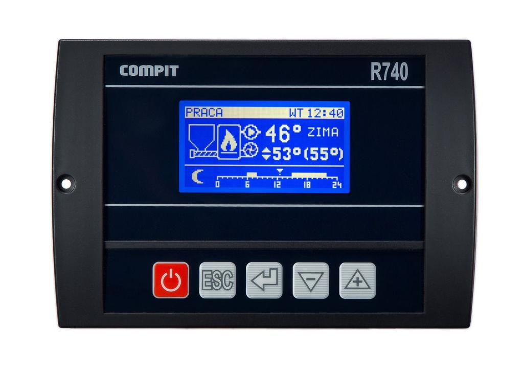 2 Obsługa regulatora i opis działania 2.1 Panel sterujący Graficzny podświetlany ekran LCD Klawiatura 2.2 Znaczenie klawiszy - Uruchamia i zatrzymuje pracę kotła. Kasuje sygnalizację stanu alarmowego.