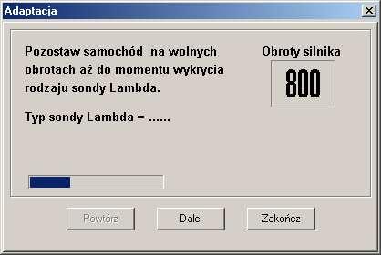 4. KROK CZWARTY Pozostawić samochód na wolnych obrotach (nie naciskać w tym czasie pedału gazu). Pasek upływu czasu informuje nas ile pozostało do końca pomiaru. Po wykryciu naciskamy przycisk DALEJ.