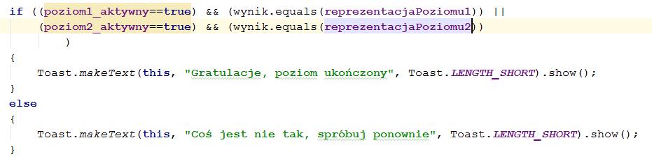 Rysunek: Metoda Sprawdź Ostatni etap, to sprawdzenie, który poziom aktualnie jest wybrany (zmienna typu boolean), następnie przyrównanie łańcucha zer i jedynek ze wzorcem