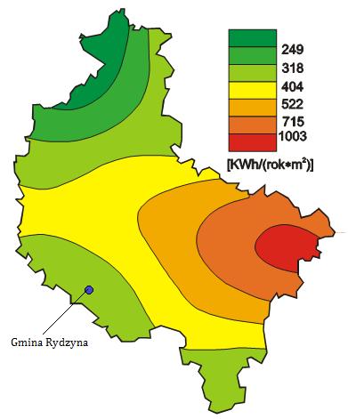 Rysunek 10. Techniczny potencjał energii wiatru w województwie wielkopolskim na wysokości 40 m n.p.t. [kwh/(rok m 2 )].