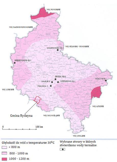 Rysunek 15. Schematyczna mapa warunków geotermicznych województwa wielkopolskiego głębokość do wód o temperaturze 30 0 C.