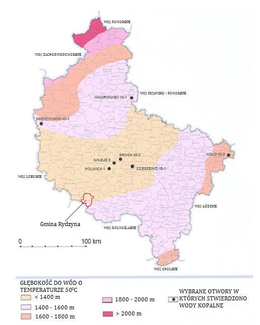 Rysunek 16. Schematyczna mapa warunków geotermicznych województwa wielkopolskiego głębokość do wód o temperaturze 50 0 C.