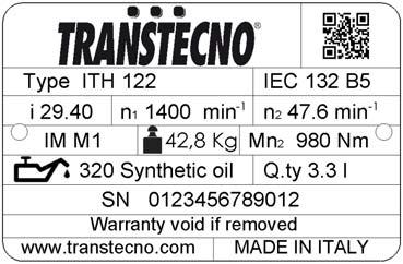 Typ reduktora, na którym zamontowano tabliczkę znamionową: ITH; ITB; ITS.