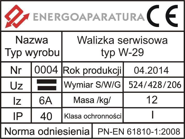 5. OZNACZENIE ZNAKIEM CE Oznaczenie znakiem CE wykonano w 2014r. Oznaczenie wykonane jest na tabliczce znamionowej(rys. 2.) na wieczku walizki.