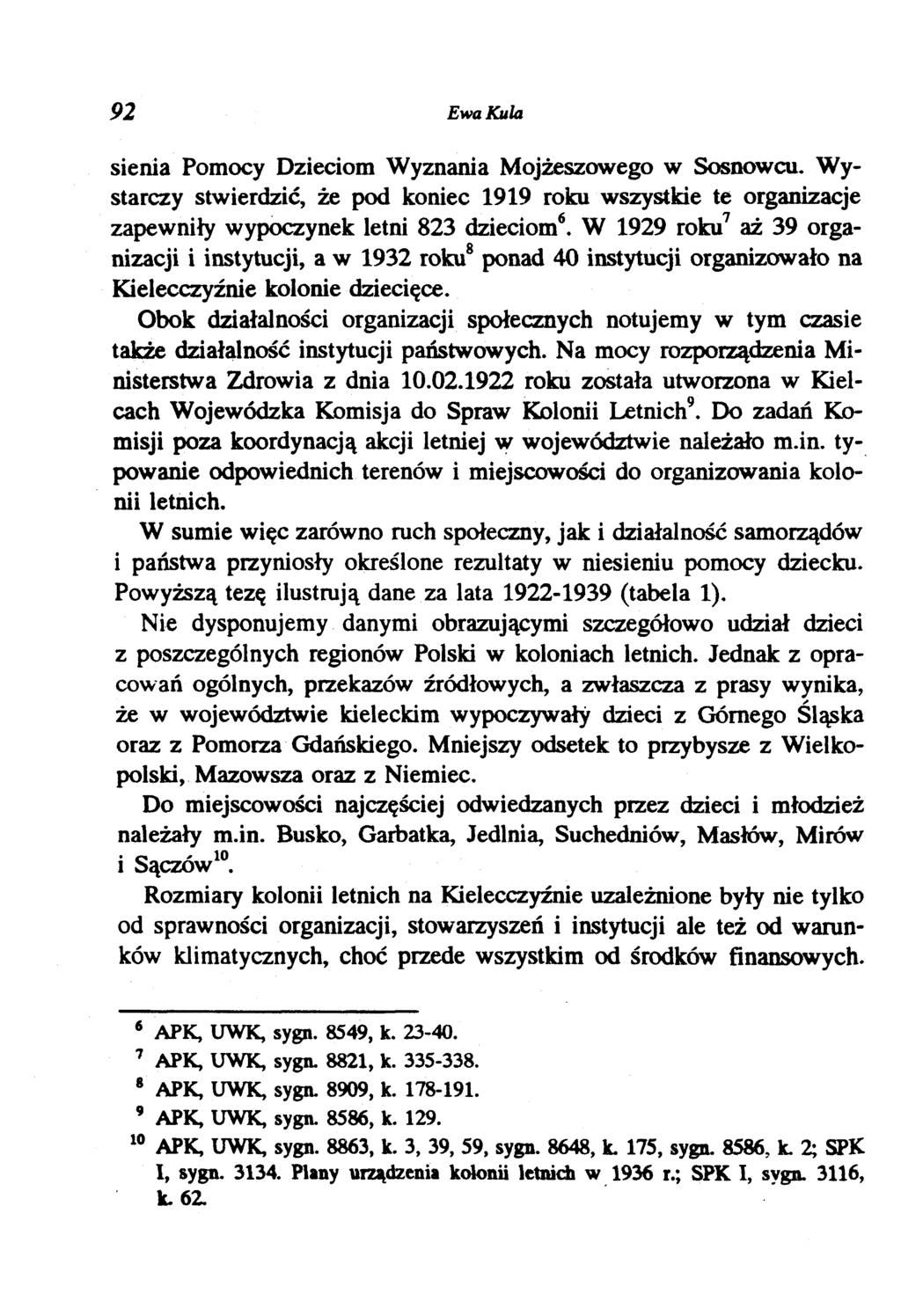 92 Ewa Kuła sienią Pomocy Dzieciom Wyznania Mojżeszowego w Sosnowcu. Wystarczy stwierdzić, że pod koniec 1919 roku wszystkie te organizacje zapewniły wypoczynek letni 823 dzieciom6.