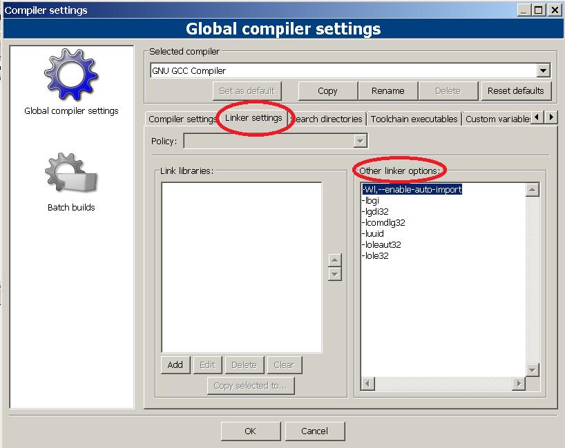 5. Konfiguracja linkera W środowisku programistycznym Code::Blocks wybrać w menu : Settings Compiler W zakładce Linker Settings wpisać do Other linker options (rys.