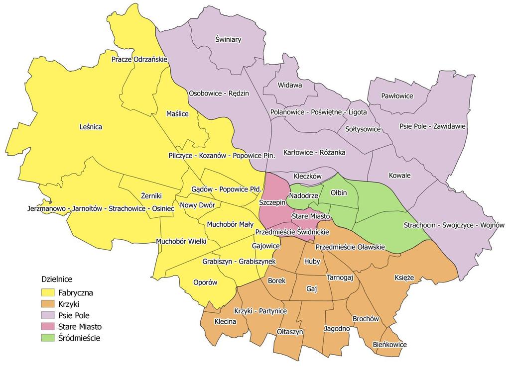 . Osiedla Wrocławia Na terenie Wrocławia wyznaczona została strefa śródmiejska, której granice ustalono w oparciu o przeprowadzone analizy. Strefa śródmiejska miast powyżej 100 tys.