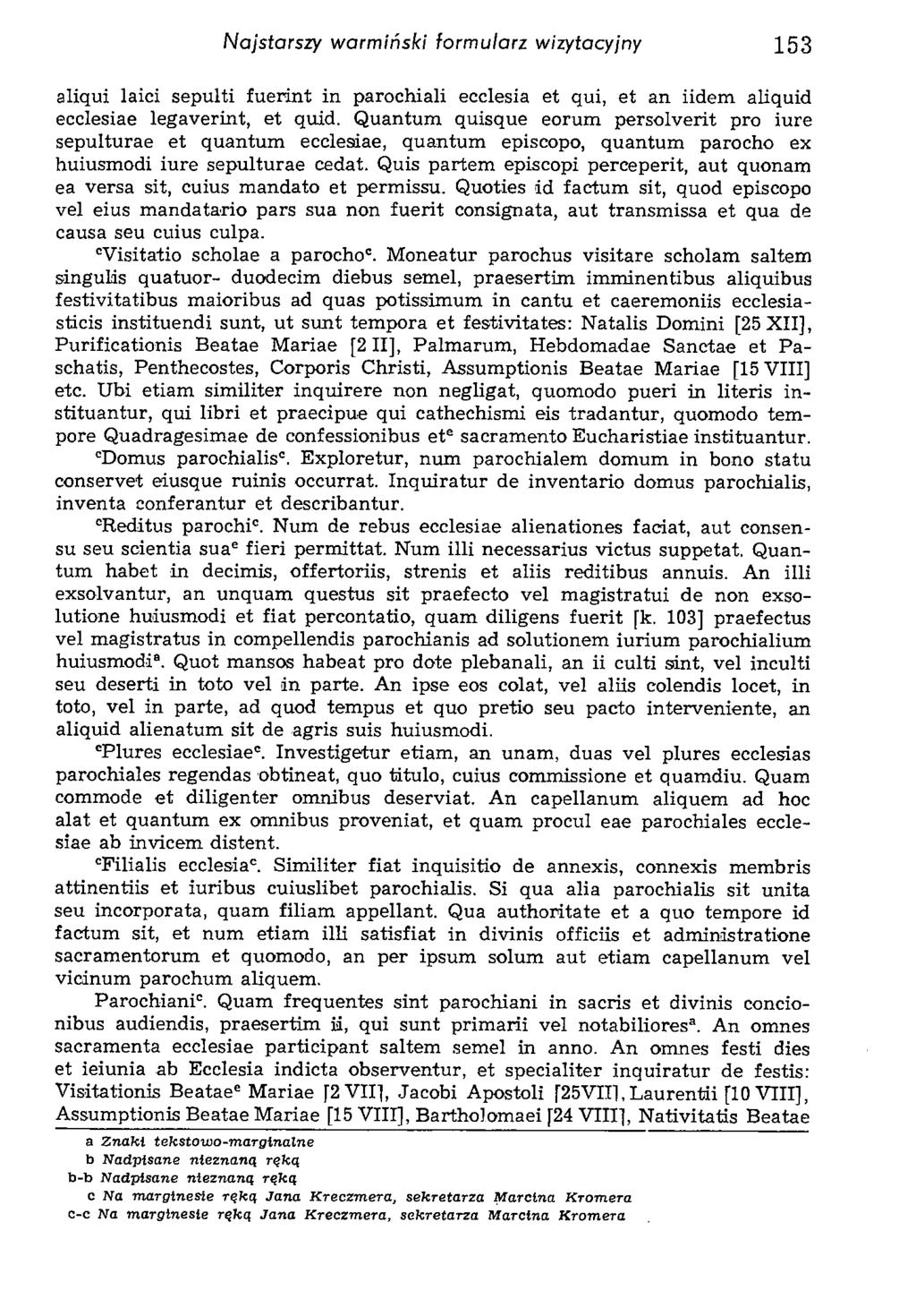Najstarszy warmiński formularz wizytacyjny 153 aliqui laici sepulti fuerint in parochiali ecclesia et qui, et an iidem aliquid ecclesiae legaverint, et quid.