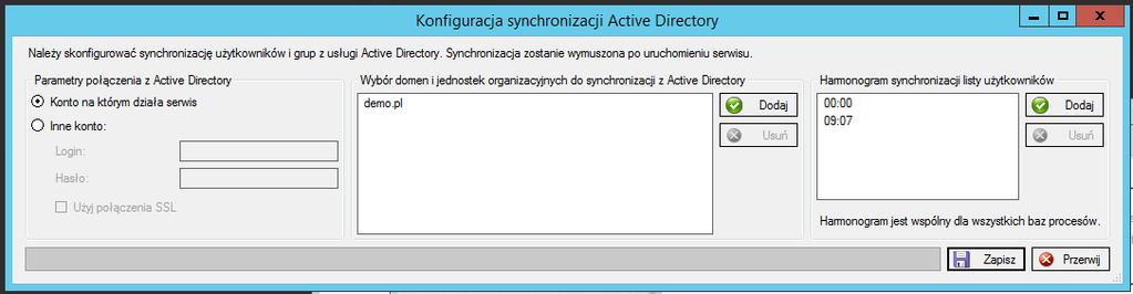 Podczas migracji baz danych pojawi się ekran umożliwiający weryfikację i ewentualną zmianę konfiguracji domen Active Directory, które będą synchronizowane z systemem