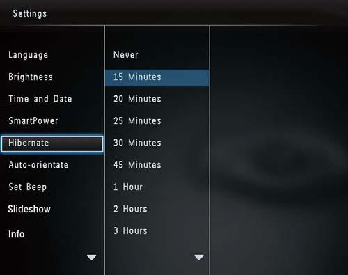 Hibernacja ramki PhotoFrame 1 Na ekranie głównym wybierz pozycję [Settings], a następnie naciśnij przycisk Aby wyjść z trybu hibernacji ramki PhotoFrame, naciśnij przycisk.
