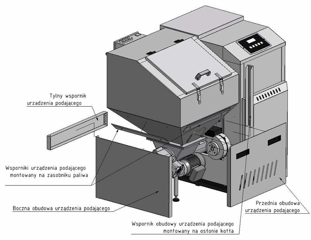 Demontaż obudowy podajnika kotła Eko Plus M 14 i 20 oraz jego wsporników w celu przeniesienia zespołu podającego na