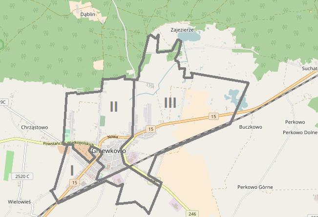 1. Południowy obszar miasta obejmujący ulice: Przemysłową, Piasta (powyżej nr 11), Kolejową, 700-lecia, Moniuszki, Chopina, dr Dreckiego, Inowrocławską, Kwiatową, Spółdzielczą, Działkowców, Słoneczną.