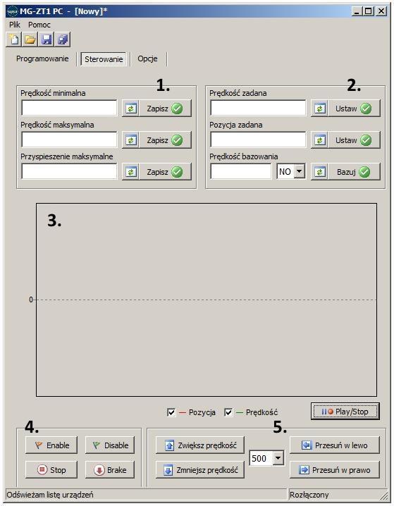 6.2. Sterowanie Okno programu umożliwia sterowanie ręczne silnikiem krokowym poprzez zadajnik w dwóch trybach: Sterowanie poprzez zadanie odpowiednich parametrów Sterowanie poprzez ręczne zwiększanie