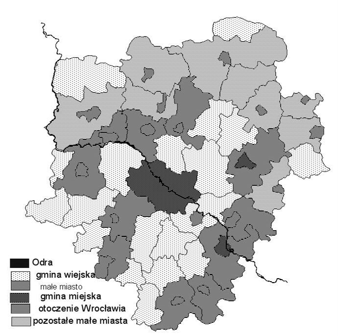 308 Elżbieta Chądzyńska otoczenia Wrocławia 2. Są to miasta zlokalizowane w jego bezpośrednim sąsiedztwie i nie podlegające wpływom innego dużego miasta.