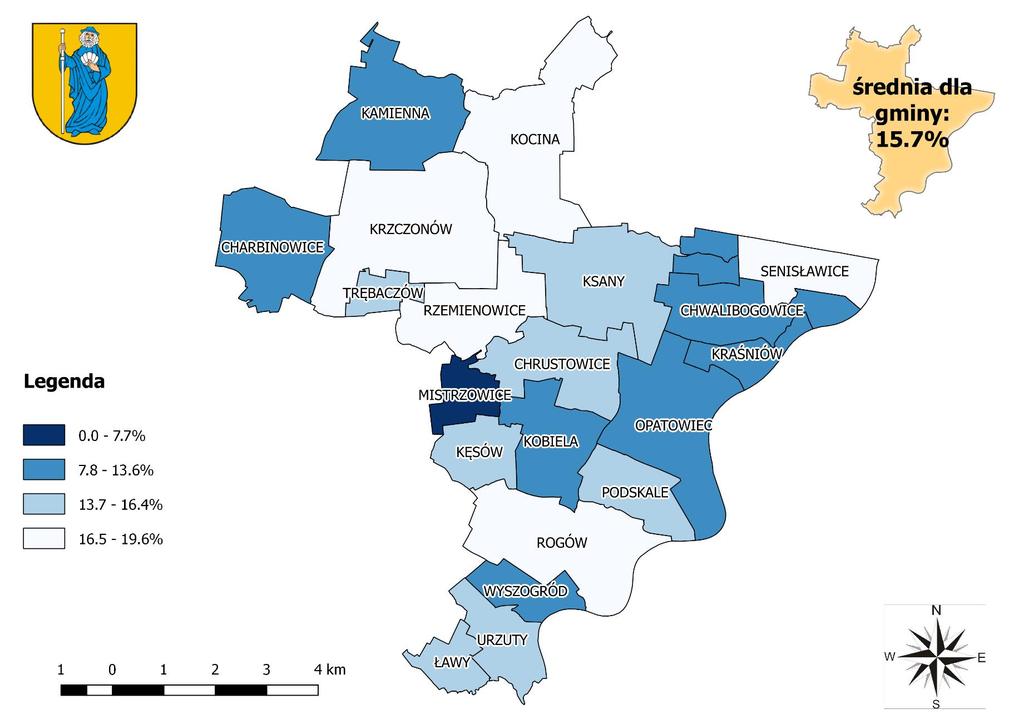 Mapa 14 Rozkład wartości wskaźnika udział ludności w wieku przedprodukcyjnym w % ludności ogółem w poszczególnych