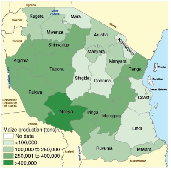 Tanzania produkcja kukurydzy Poniższa mapa przedstawia produkcje kukurydzy w