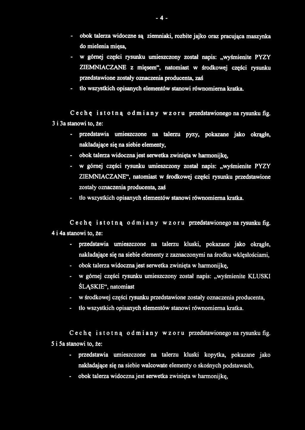 - obo k talerza widoczne są ziemniaki, rozbite jajko oraz pracująca maszynka do mielenia mięsa, - w górne j częśc i rysunk u umieszczon y zosta ł napis : wyśmienit e PYZ Y ZIEMNIACZANE z mięsem",