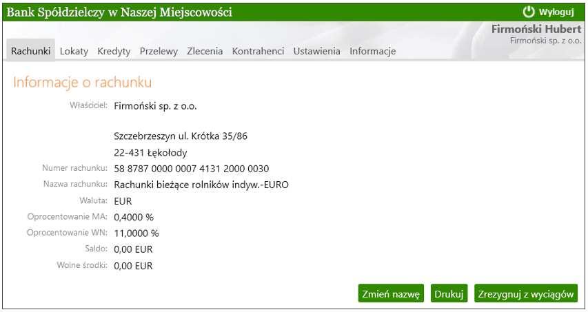 numer i nazwa rachunku, kliknięcie na etykietę rachunku albo użycie polecenia Operacje Informacje o rachunku przekierowuje do okna ze szczegółami rachunku takimi jak pełne dane adresowe właściciela