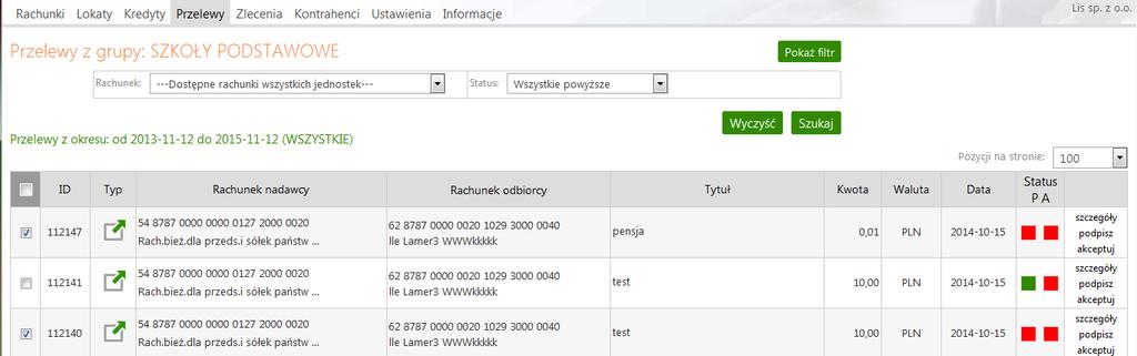 Rys. 20 Okno Przelewy z grupy Otworzy się wówczas nowe okno o nazwie Autoryzacja przelewów (okno poniżej) gdzie system pokazuje ile i na jaką kwotę podpisywane są przelewy.