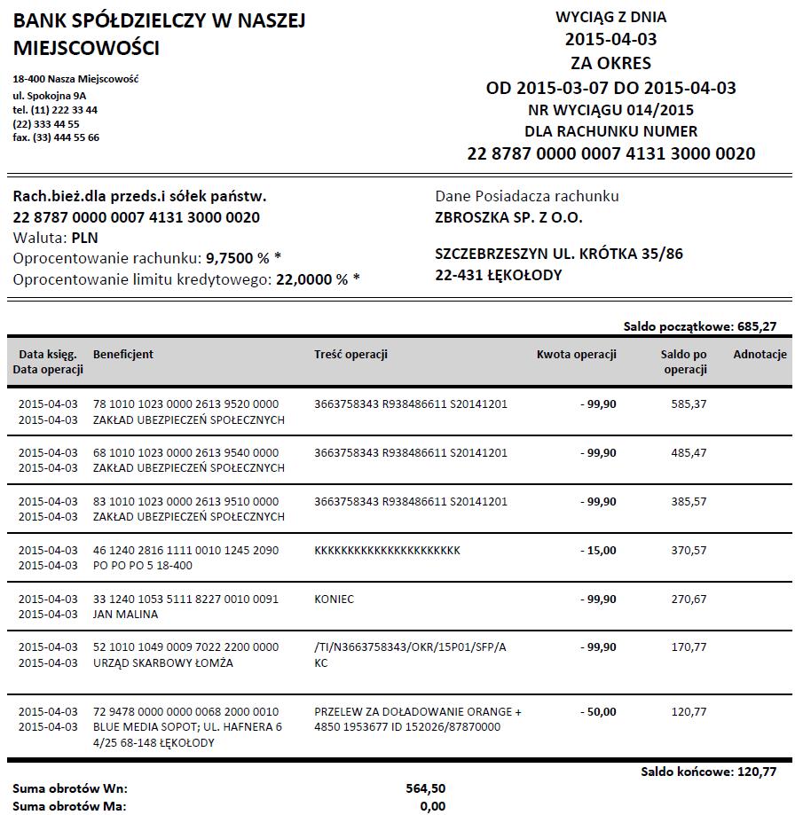 Rys. 52 Okno z wydrukiem wyciągu w formacie Typ 2 Nagłówek pliku SIMP po wybraniu Modyfikuj masz możliwość wyboru czy w nagłówku na wydruku zestawienia płatności masowych ma widnieć napis SIMP lub