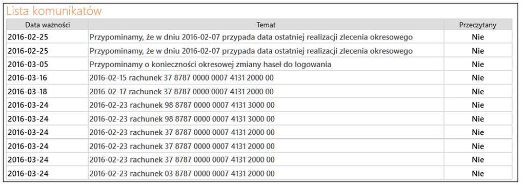 Rys. 53 Okno "Lista komunikatów". Aby przeczytać pełną treść komunikatu, należy kliknąć na opis komunikatu.