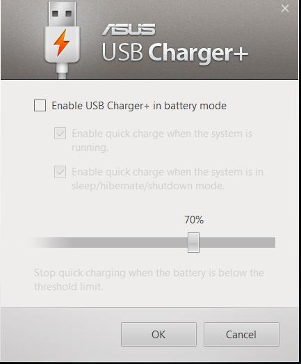 USB Charger+ USB Charger+ umożliwia szybkie ładowanie urządzeń mobilnych poprzez port ładowania USB notebooka ASUS.