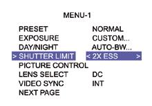 7.10. Menu SHUTTER LIMIT SHUTTER LIMIT <2X ESS > Najdłuższa migawka, ograniczona jest do 2x 1/50 sek dla systemu PAL gdy oświetlenie sceny staje się bardzo ciemne.