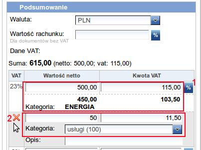 na kategorie. W tym celu należy kliknąć przycisk % (1). Pojawi się nowy wers, w którym należy wpisać kwotę netto, która znajduje się na innej kategorii niż kategoria główna (tu: ENERGIA).