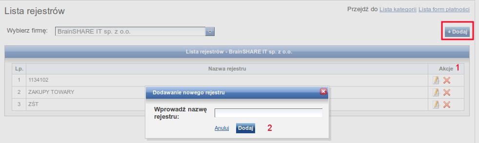 dekretacji/ wzorcom księgowań. Z listą kategorii jest powiązana lista rejestrów.