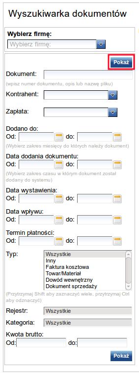 Wyszukiwarka dokumentów Aby uprościć i przyspieszyć wyszukiwanie odpowiednich dokumentów została stworzona zaawansowana wyszukiwarka dostępna z menu głównego: Dokumenty Wyszukaj Dokumenty można